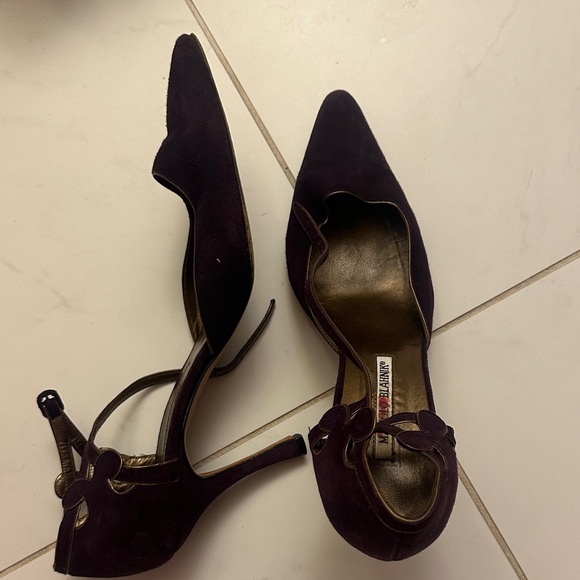 Manolo Blahnik Shoes - Manolo Blahnik Dark Purple suede gold edges strap detail Euc Heels $585 39 9